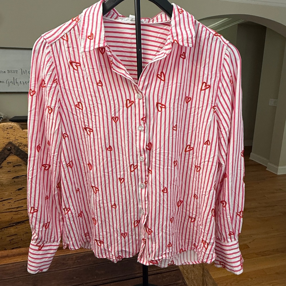 Jane + Delancey Women Med Red White Striped Heart Embroidered Button Down Shirt